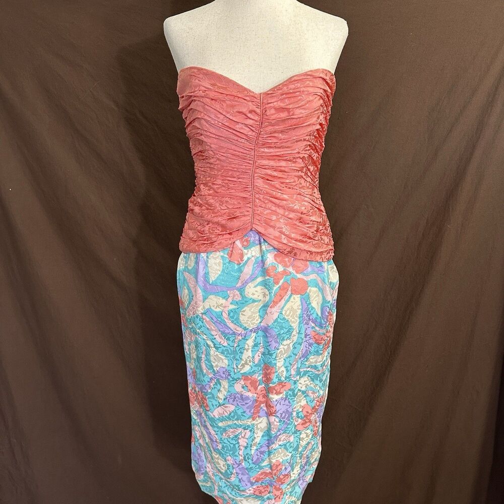Vintage 80s 90s Flora Kung 100% Silk Floral Dress Size 8 Strapless Ruched
